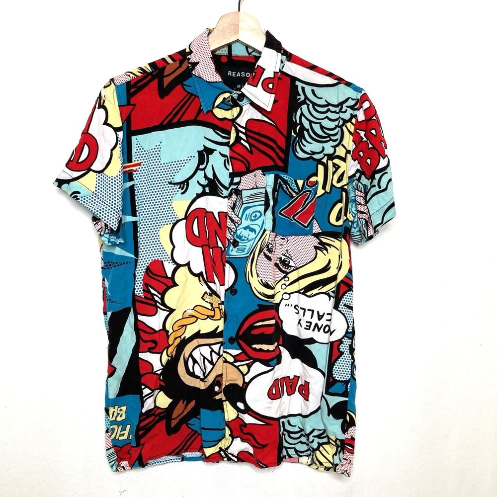 Reason Graphic Button Up Shirt Size Medium Colorful Loudmouth Look Flowy Comic